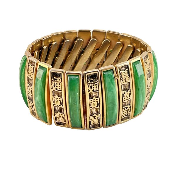 Expansion Cuff Green Marbled Bracelet, Good Luck Symbols, Lucite, Vintage, Mid C - Picture 2 of 6